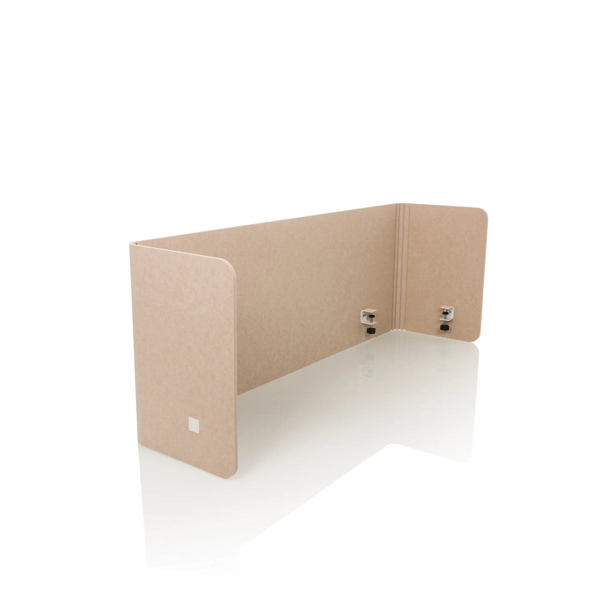 Separador de mesa beige FLEXMIUT U con alas laterales y cuatro clips de fijación de hjh OFFICE – vista de 360° (vista frontal en diagonal 45°)
