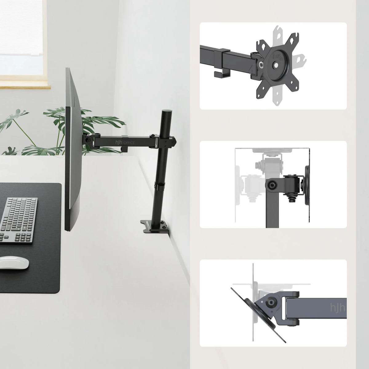 Soporte de monitor Ergomount M1 en negro con placa adaptadora VESA y juntas articuladas de hjh OFFICE