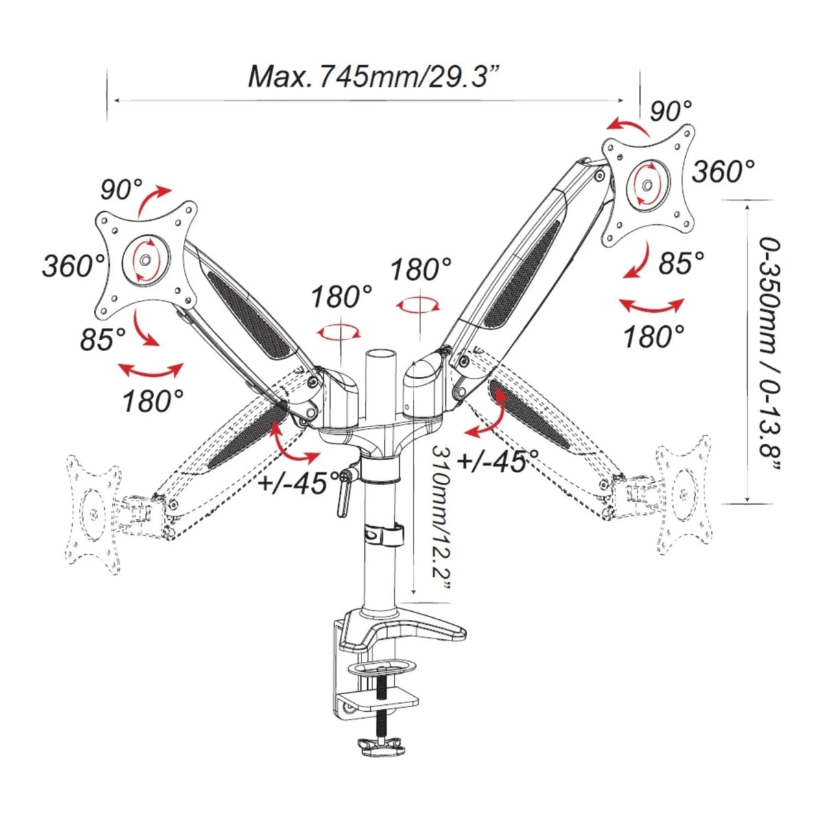 Dibujo técnico del Soporte de monitor VM-MG2S con una anchura máxima de 745 mm de hjh OFFICE