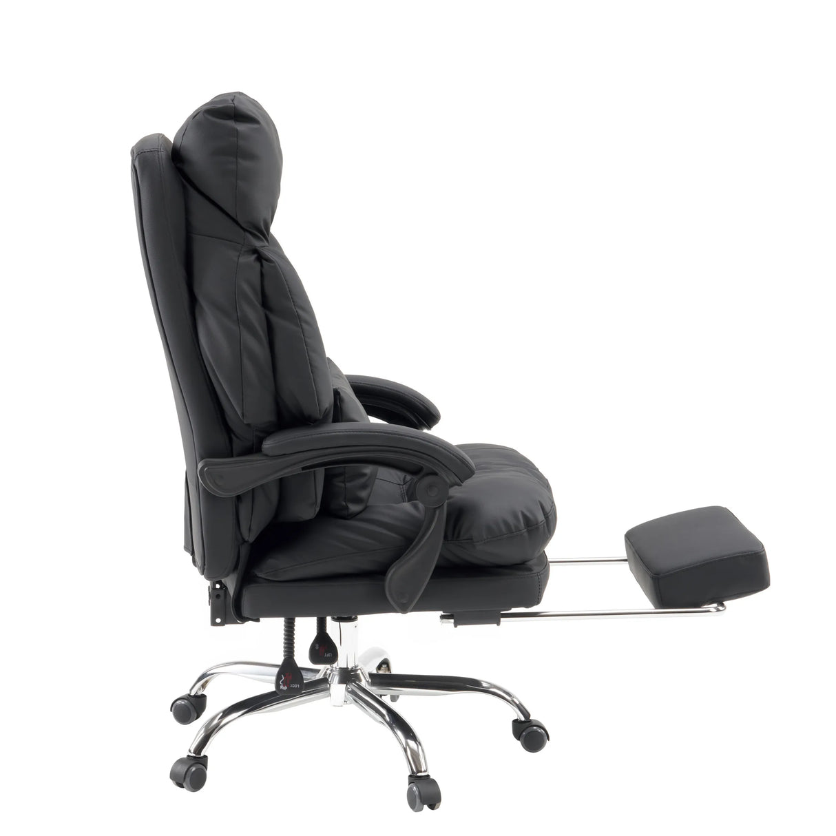 Sillón de oficina Home Office Relax Legoro en negro con reposapiés extensible y base cromada de MyBuero