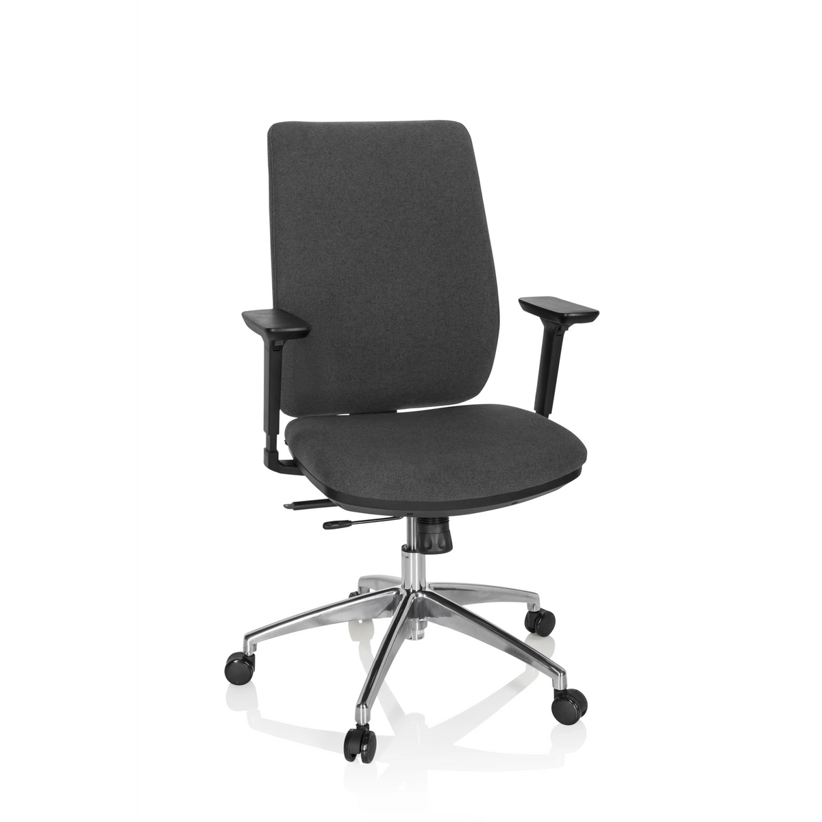 Silla de oficina profesional INTEGRIO I en color gris oscuro con reposabrazos y base de cinco ruedas de hjh OFFICE – vista de 360° (vista frontal 20°)