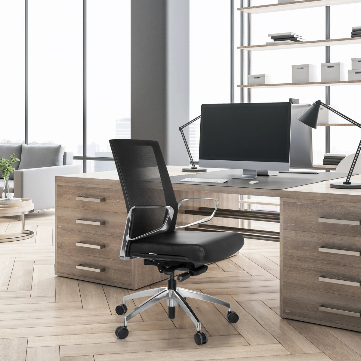 Silla de oficina profesional PROVIDER NET negra con respaldo de malla y reposabrazos de hjh OFFICE