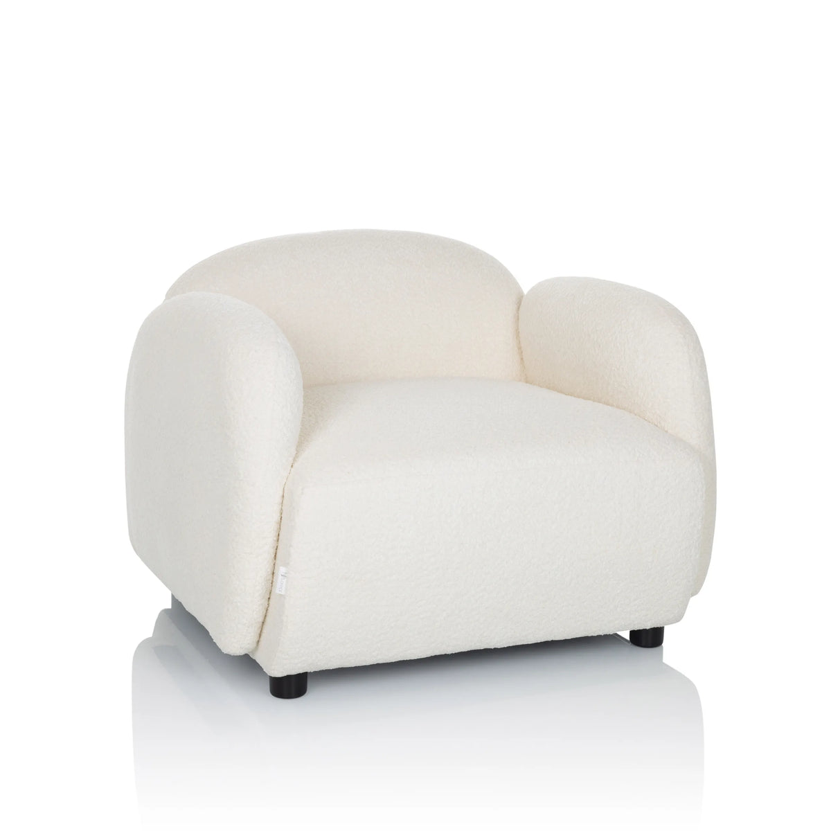 Sillón de diseño VERDUNA blanco con tapizado de tela estructurada y patas negras cortas de hjh LIVING – vista de 360° (vista frontal 15°)
