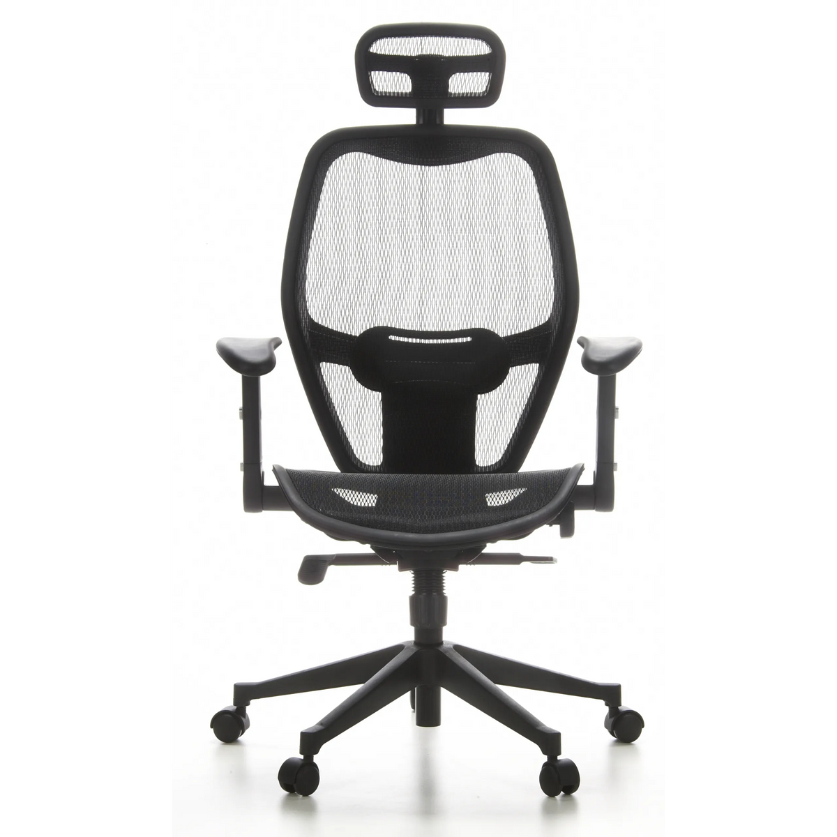 Silla de oficina profesional AIR-PORT negra con respaldo de malla, reposacabezas y base de cinco ruedas de hjh OFFICE – vista de 360° (vista frontal 0°)