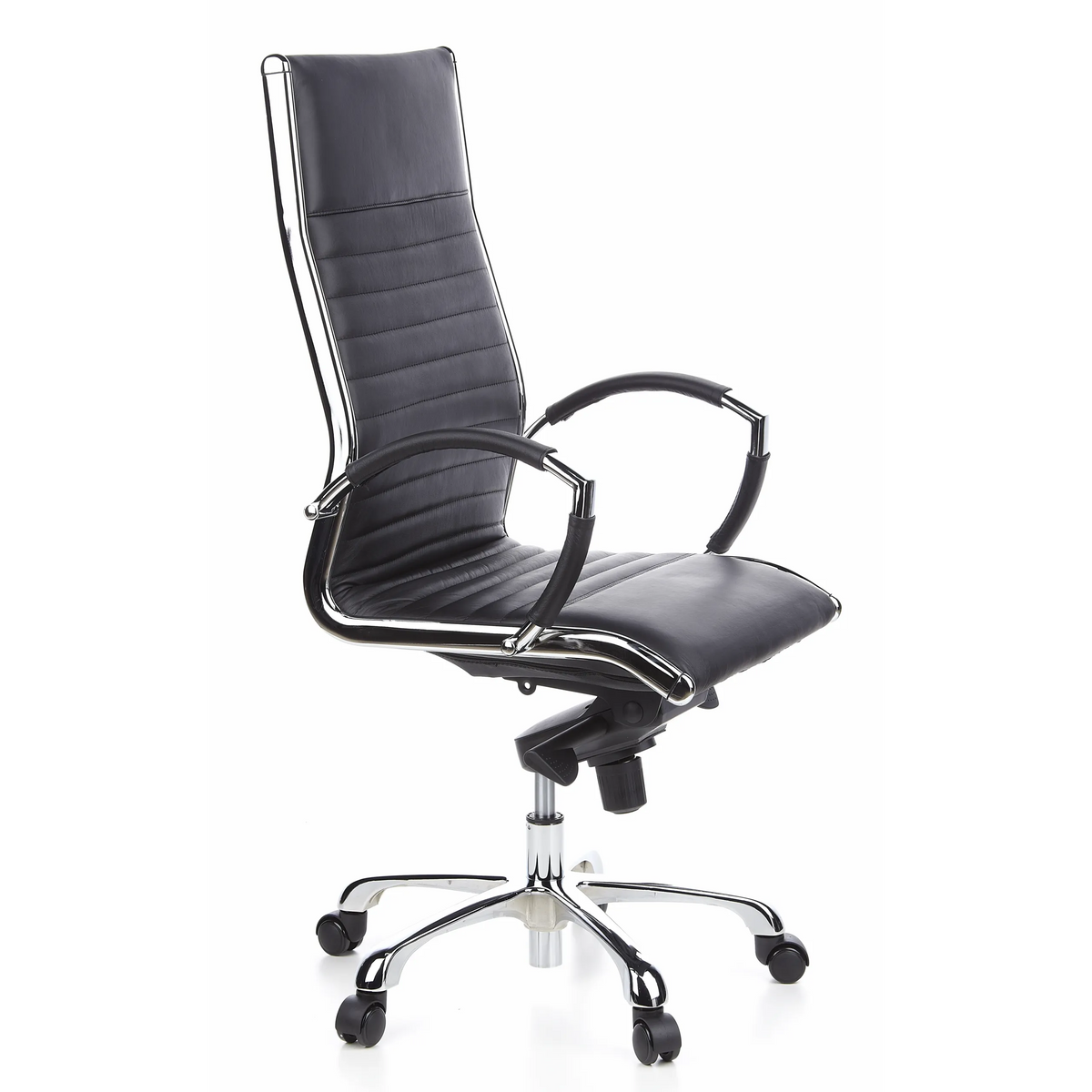 Sillón de oficina profesional PARMA 20 negro con tapicería de cuero acolchado y base de cinco ruedas de hjh OFFICE – vista de 360° (vista frontal en diagonal 60°)