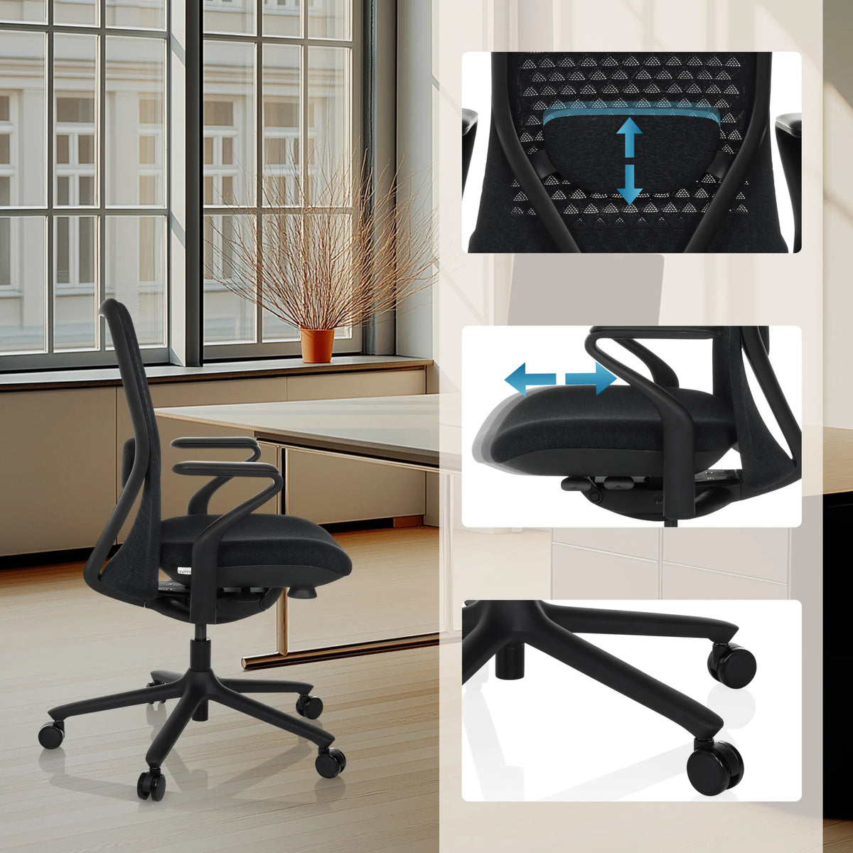 Reposacabezas regulable en altura, ajuste de profundidad del asiento y ruedas de la silla alta gama VERVIO en negro de hjh OFFICE
