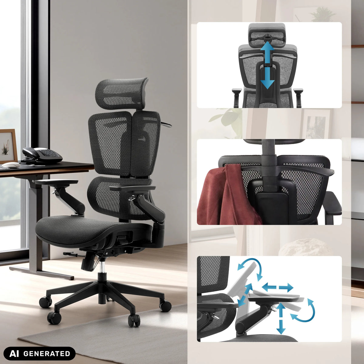 Reposacabezas y reposabrazos ajustables de la silla de oficina profesional Ergo U2 Pro3 en negro de hjh OFFICE (imagen generada por IA)