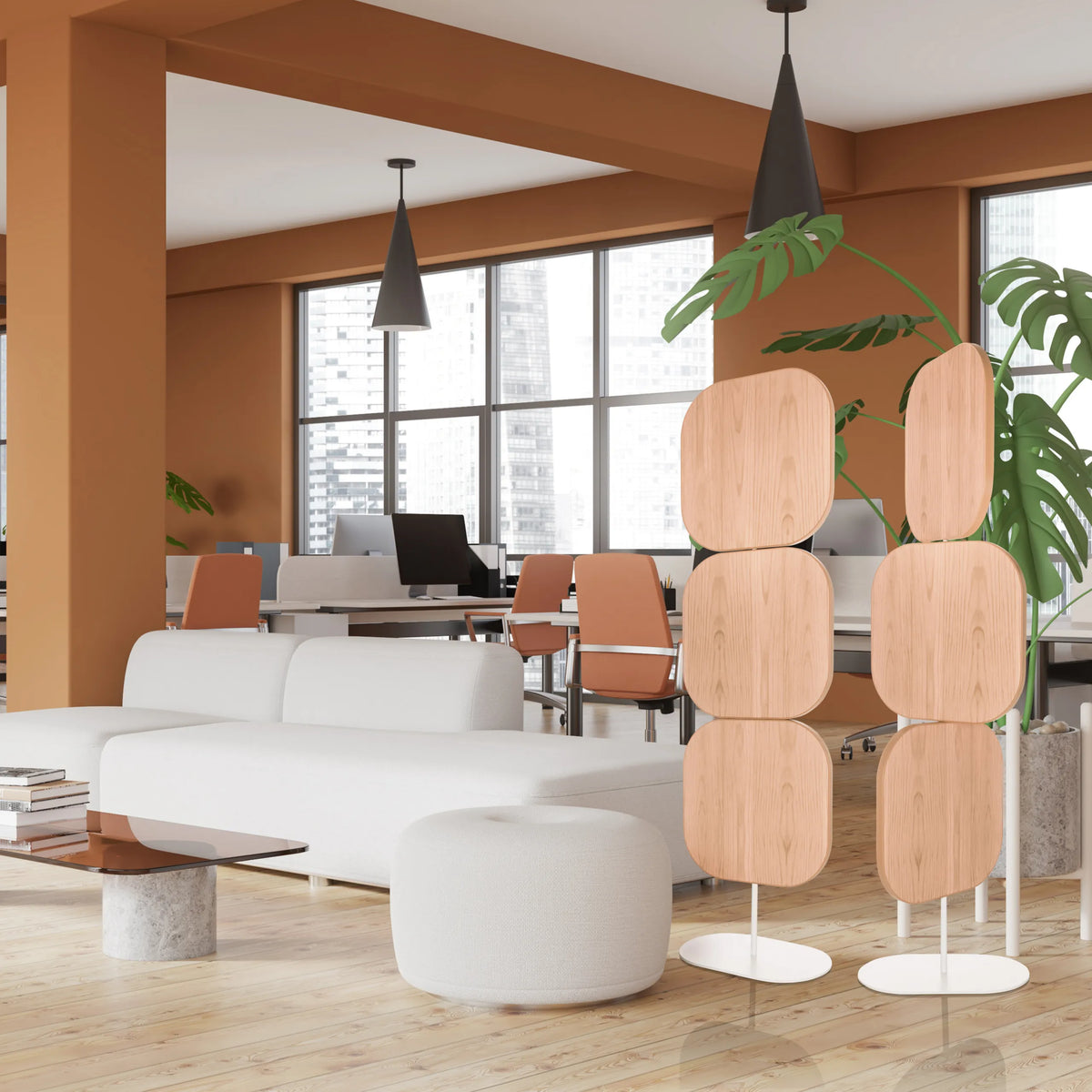 Separadores FLEXMIUT W beige efecto madera con elementos redondeados sobre pies blancos de hjh OFFICE