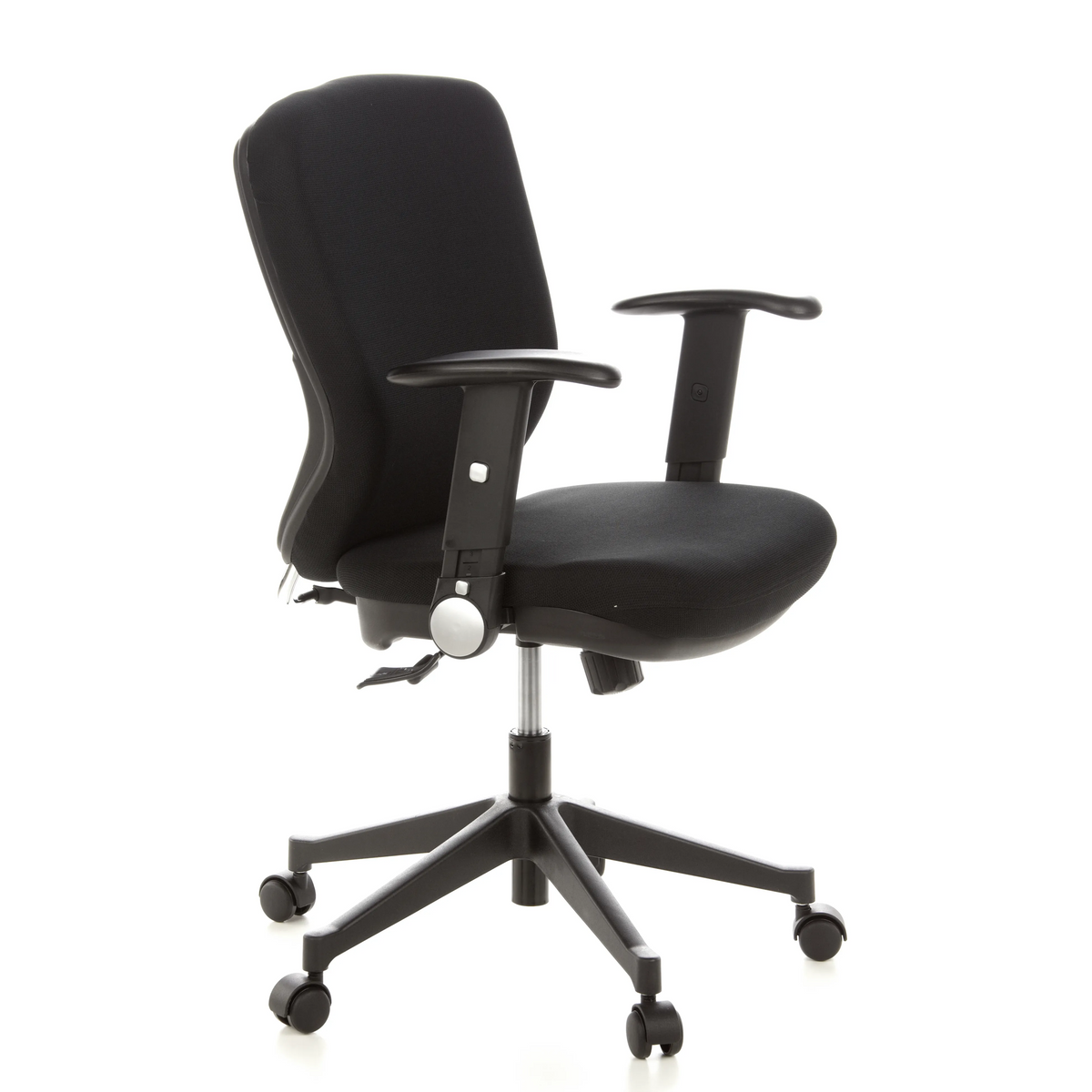 Silla de oficina profesional TRAFFIC 20 negra con reposabrazos y base de cinco ruedas de hjh OFFICE – vista de 360° (vista frontal en diagonal 60°)