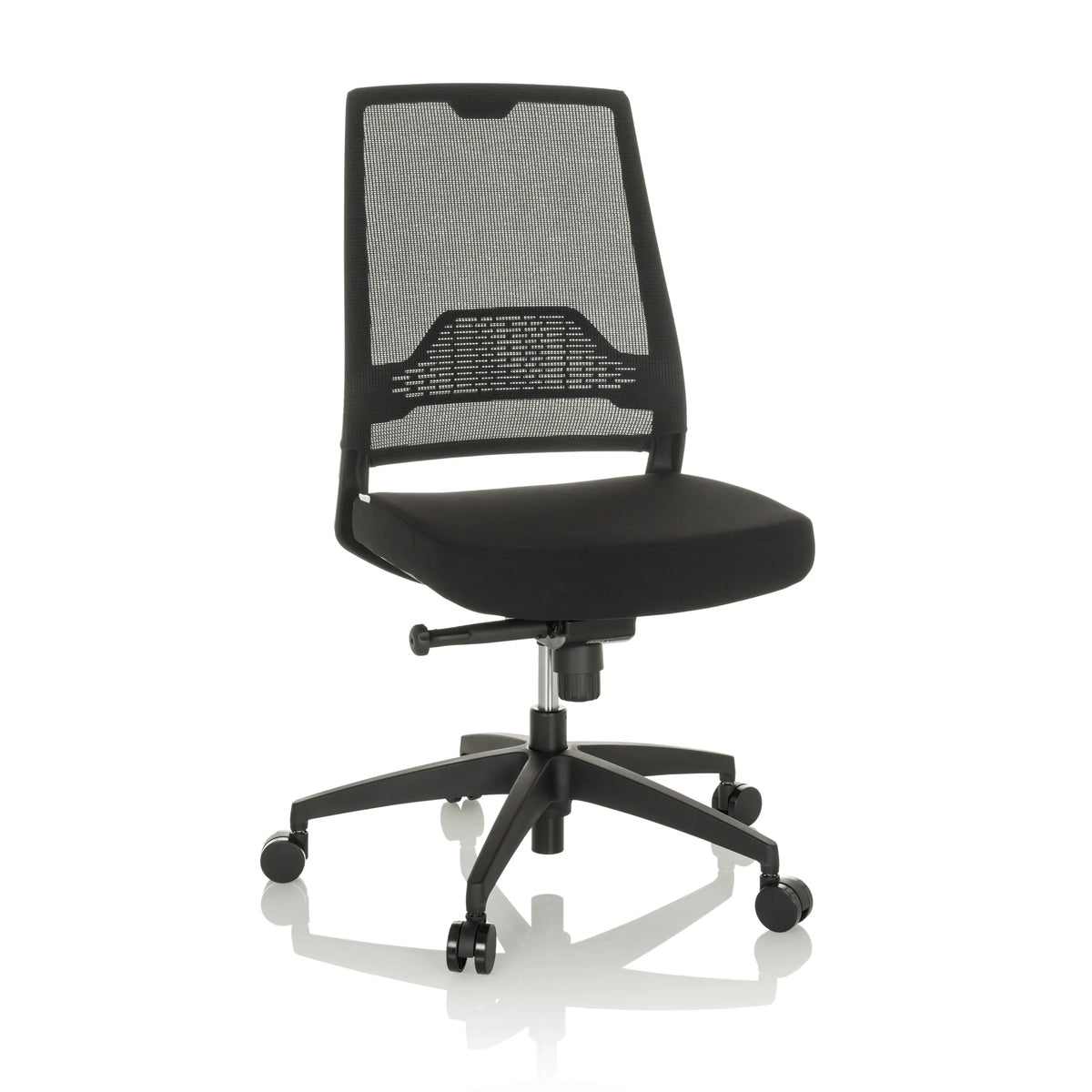 Silla de oficina profesional PORTO ECO I negra con respaldo de malla y base de cinco ruedas de hjh OFFICE – vista de 360° (vista frontal 15°)