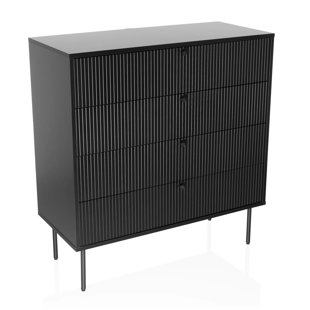 Cómoda negra KARBY K con cuatro cajones acanalados y patas delgadas de hjh LIVING – vista de 360° (vista frontal en diagonal 30°)