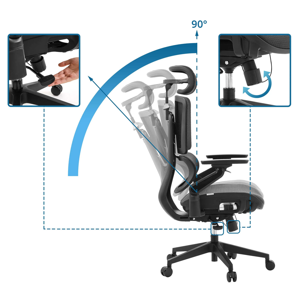 Ajuste de inclinación del respaldo de la silla de oficina profesional Ergo U2 Pro3 hasta 90 grados de hjh OFFICE