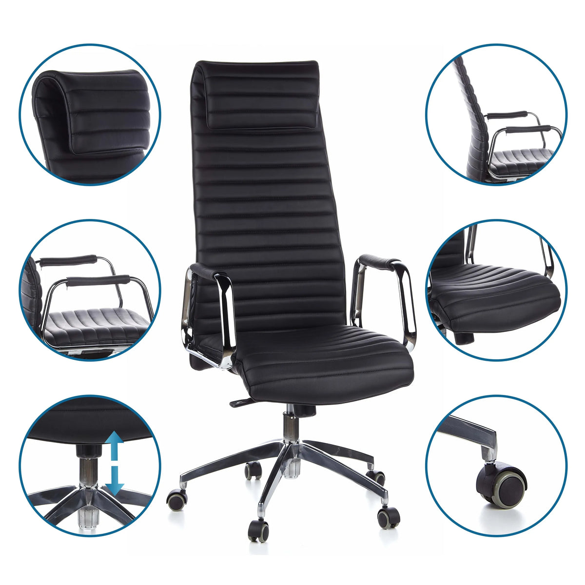 Sillón de alta gama ASPERA 20 en negro con vistas detalladas del tapizado y las ruedas de hjh OFFICE