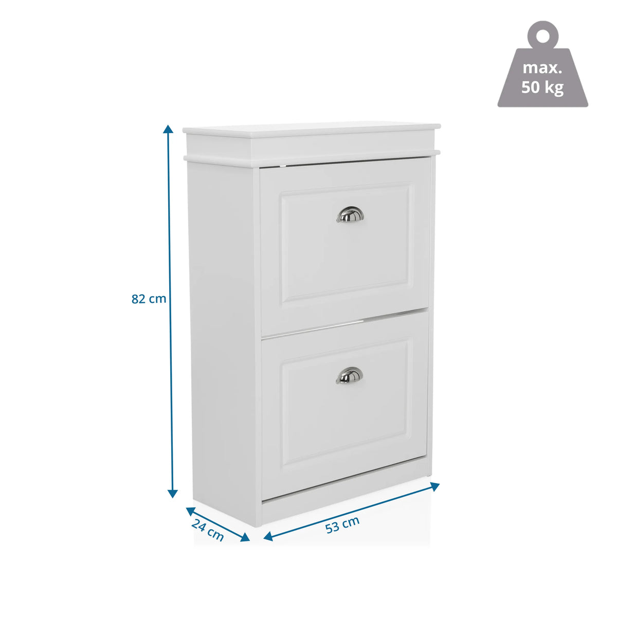 Dibujo dimensional del armario zapatero ESTHA 2 de 82 × 53 cm y una capacidad de carga de 50 kg de hjh LIVING