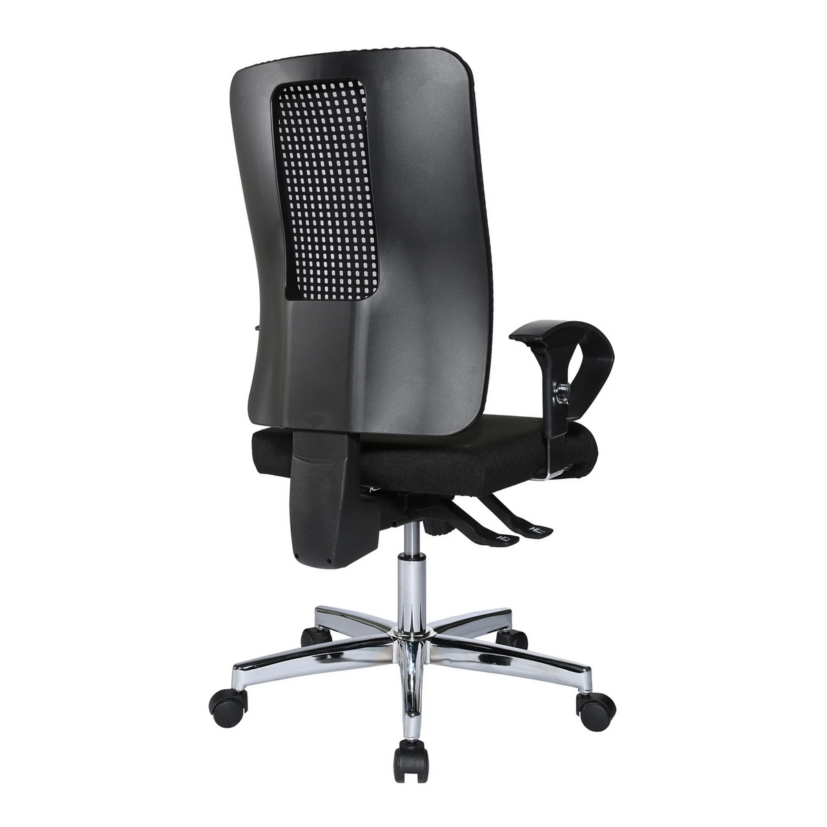 Silla de oficina profesional HJH SITNESS WORK negra con respaldo de malla, reposabrazos y base de cinco ruedas de Topstar – vista de 360° (vista trasera 180°)
