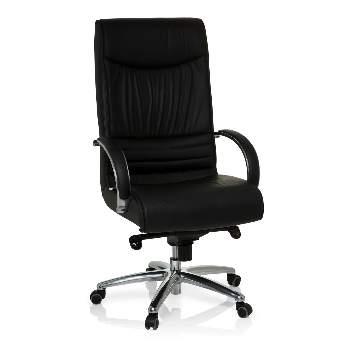 Silla giratoria XXL F 400 negra de cuero con base de estrella y cinco ruedas de hjh OFFICE – vista de 360° (vista frontal 20°)