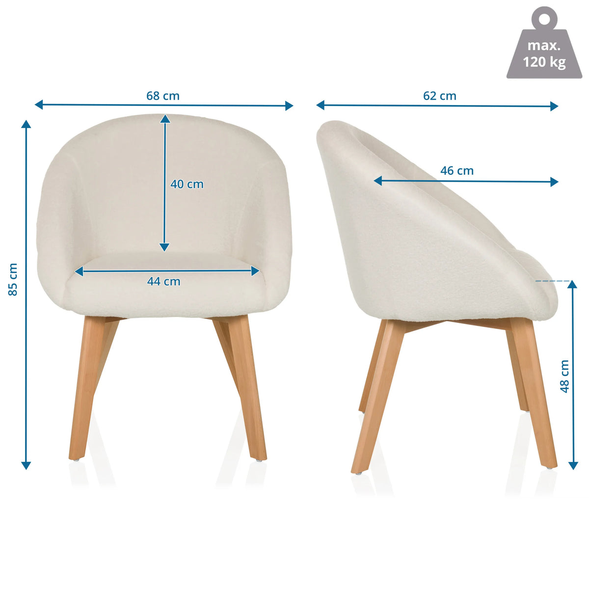 Plano dimensional de la silla tapizada SCANDI TED con un ancho de 68 cm y una altura de 85 cm de hjh LIVING