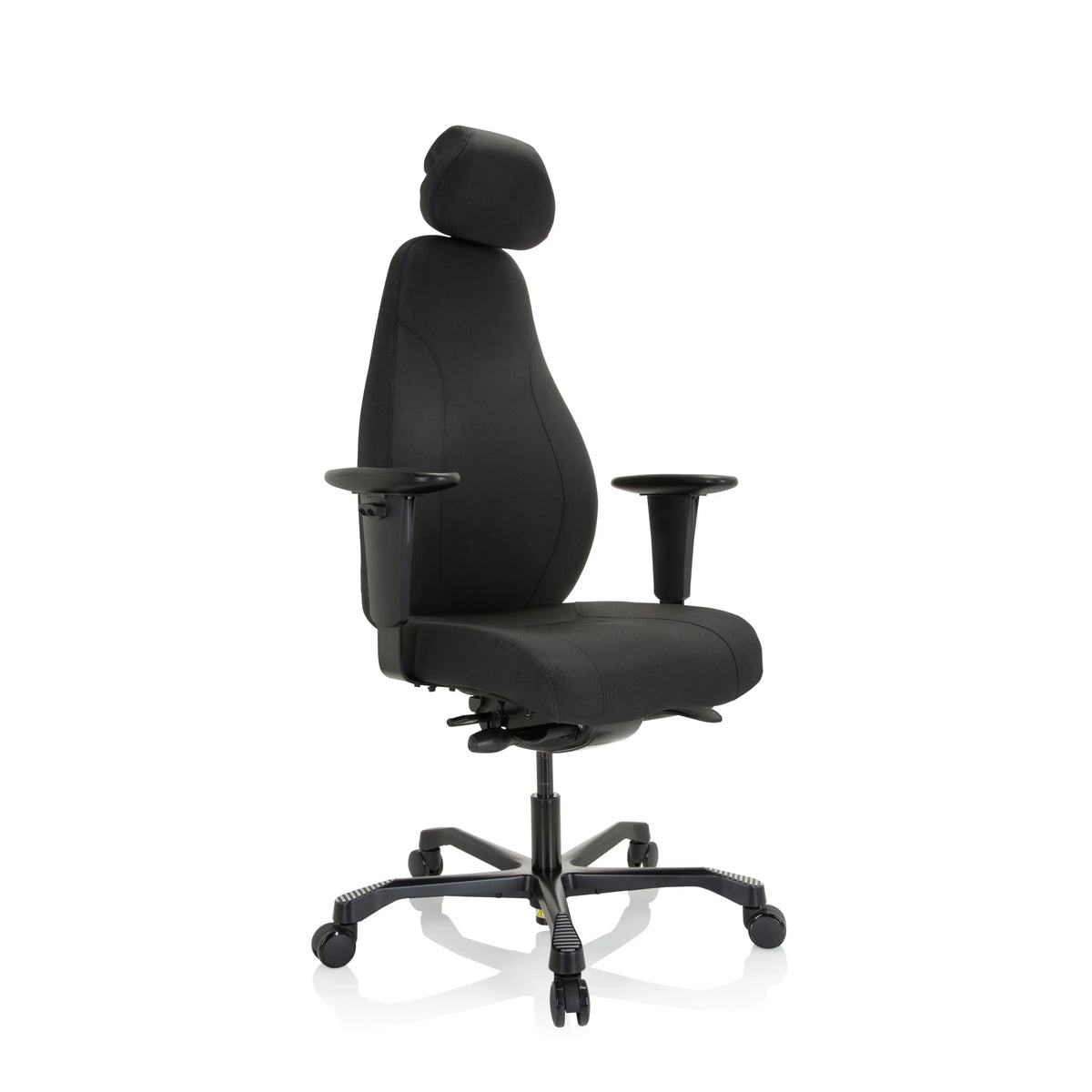 Sillón de oficina profesional RESISTIO XXL negro con reposacabezas y base de cinco ruedas de hjh OFFICE – vista de 360° (vista frontal en diagonal 40°)