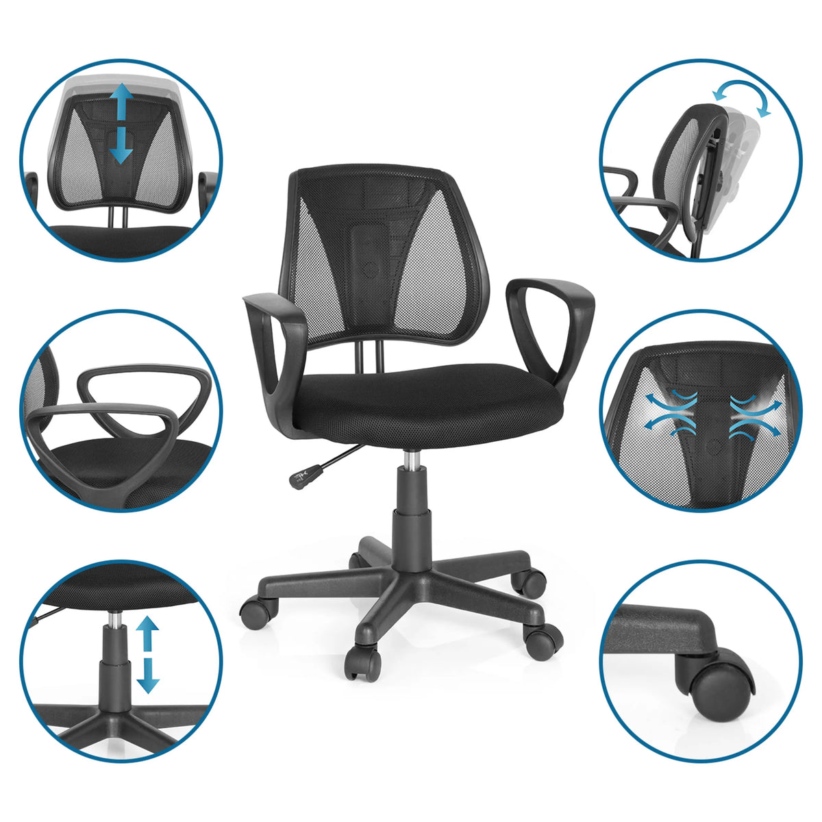 Silla giratoria para niños KIDDY CD en negro con respaldo ajustable y pistón de gas de hjh OFFICE