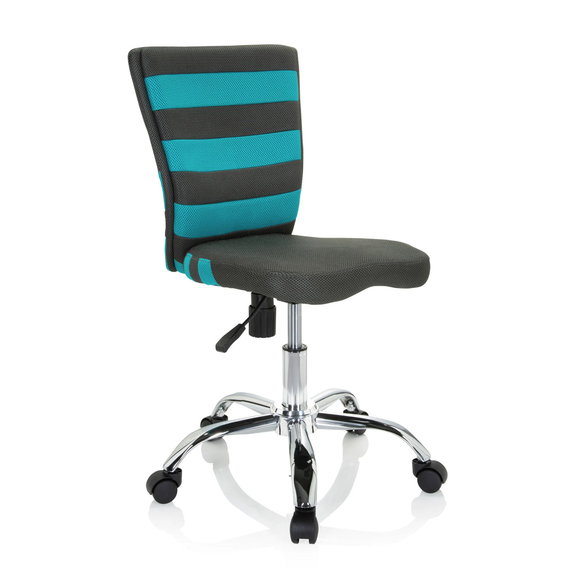 Silla giratoria para niños KIDDY COMFORT I gris con rayas turquesas en el respaldo de malla y base de cinco ruedas de hjh OFFICE – vista de 360° (vista frontal en diagonal 40°)