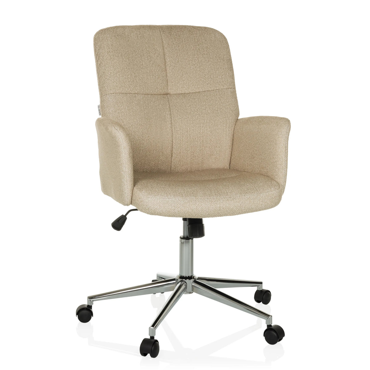 Silla Home Office SOLAO 400 beige con reposabrazos acolchados y base de cinco ruedas de hjh OFFICE – vista de 360° (vista frontal 15°)