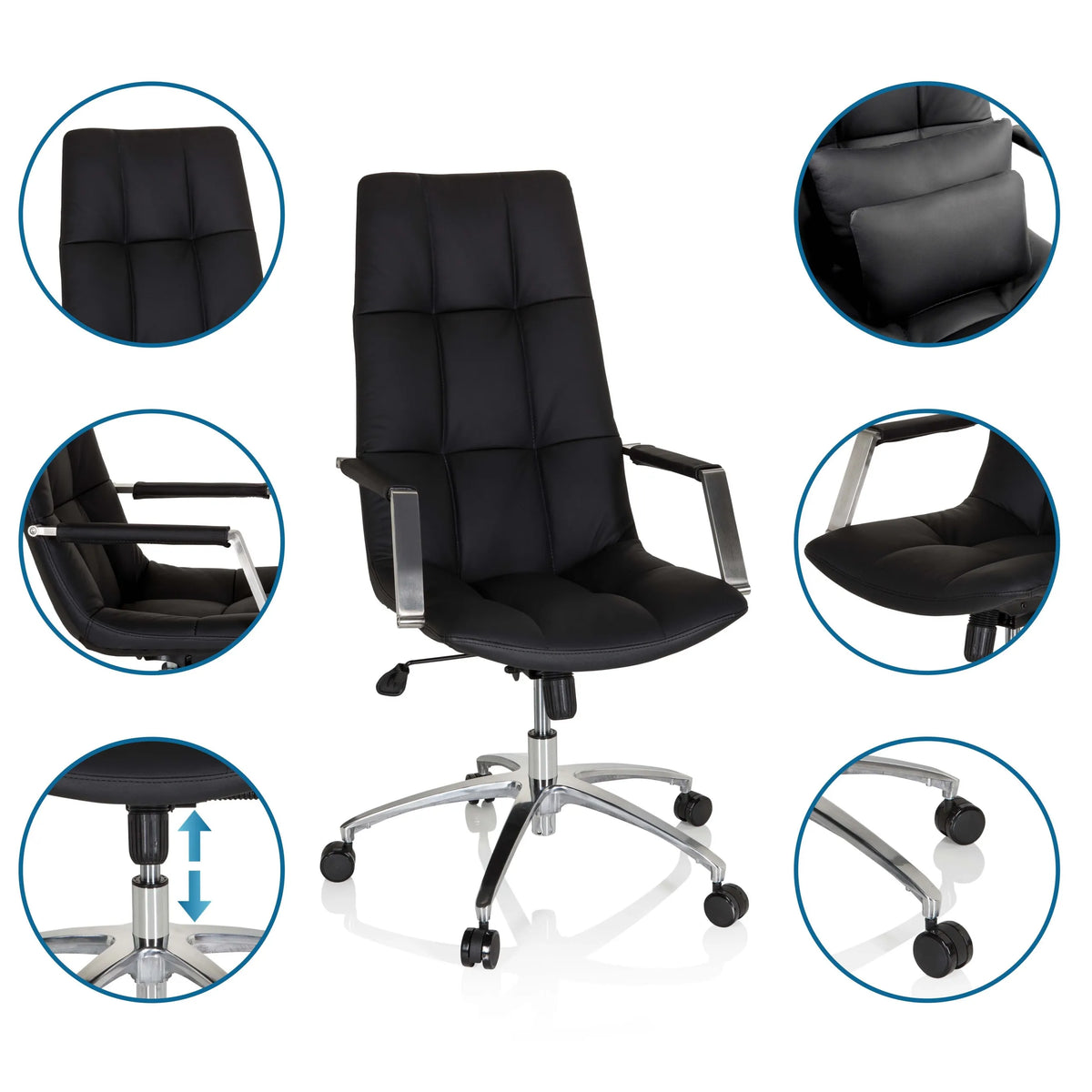 Sillón de oficina Home Office SARANTO PRO en negro con tapicería de cuero, altura ajustable y base con ruedas de hjh OFFICE