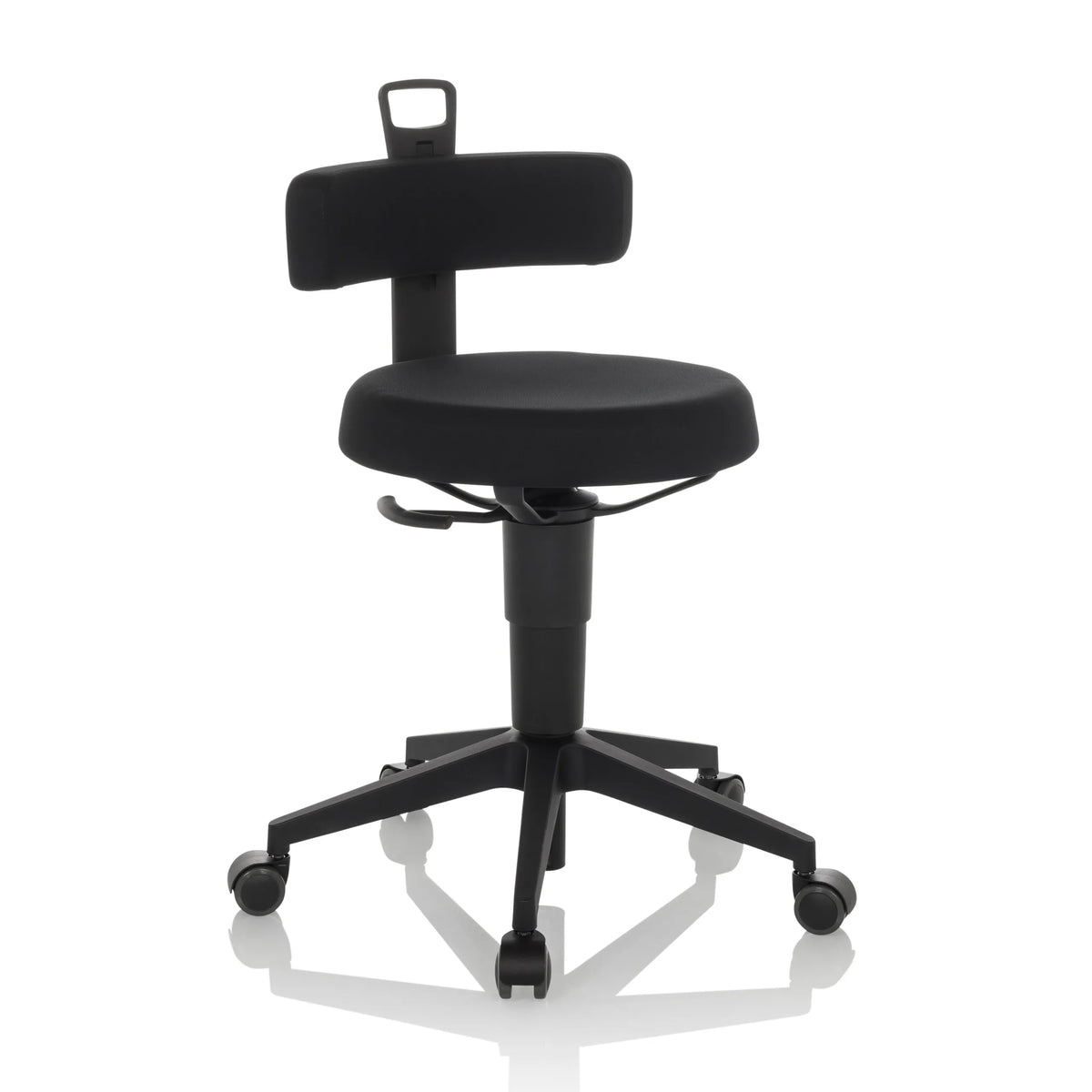 taburete giratorio negro TOP WORK FLEX con respaldo, asa y base de cinco ruedas de hjh OFFICE – vista de 360° (vista frontal en diagonal 30°)