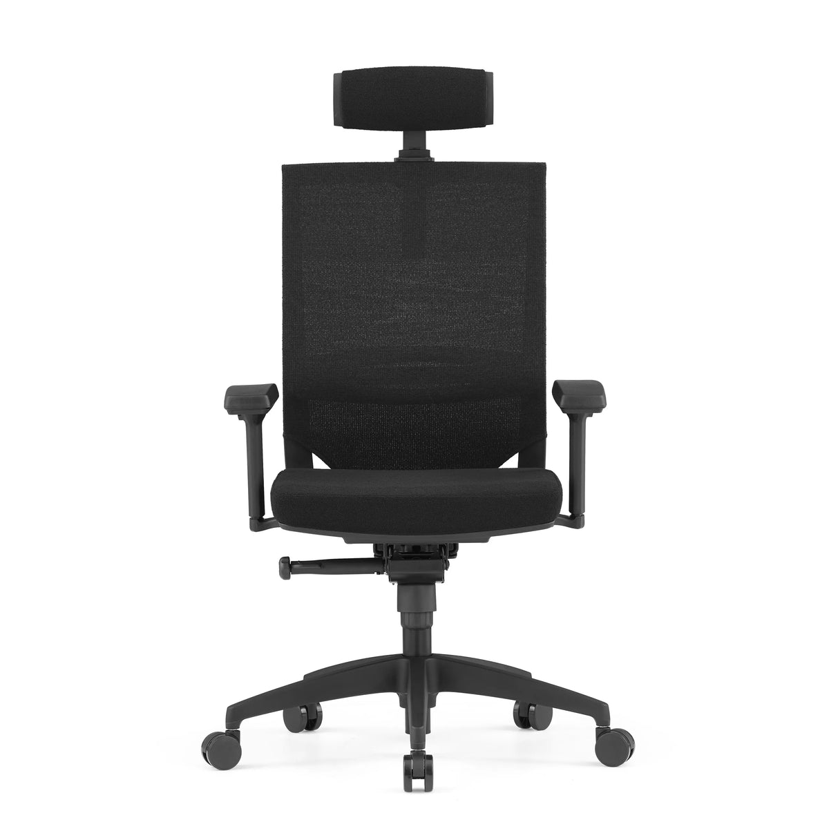Silla de oficina profesional PORTO MAX HIGH I en color negro con respaldo de malla, reposacabezas y base de cinco ruedas de hjh OFFICE – vista de 360° (vista frontal 0°)