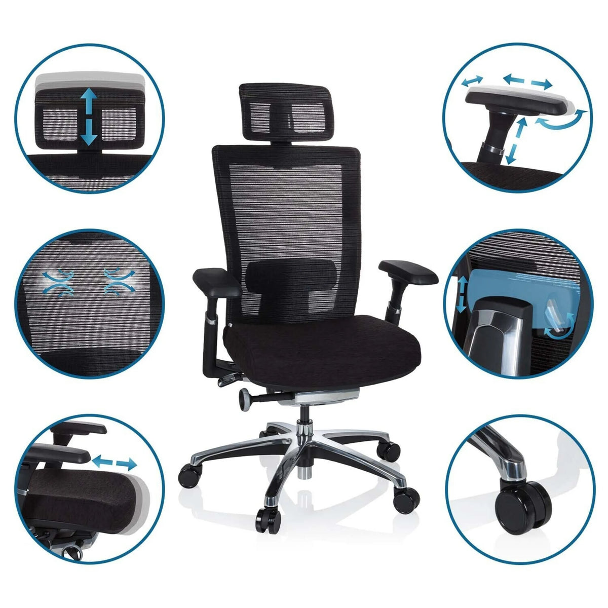 Silla alta gama NOVA PRO I en negro con diversas opciones de ajuste de hjh OFFICE
