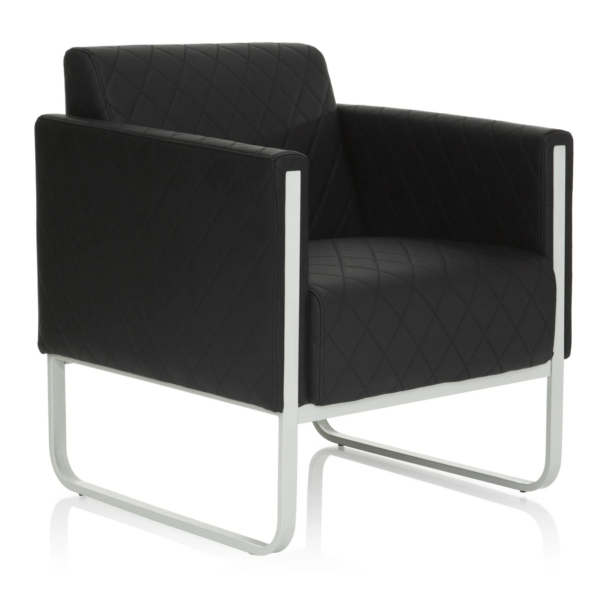 Sillón tapizado negro ARUBA STEP con costuras de diamante y estructura plateada de hjh OFFICE – vista de 360° (vista frontal en diagonal 40°)