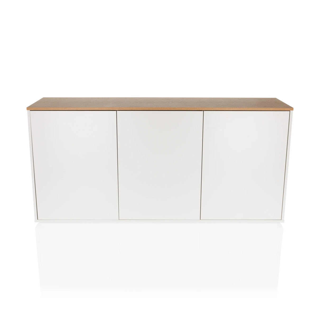 Weißes Sideboard KELO S mit einer Arbeitsplatte in Eicheoptik und drei Türen von hjh LIVING – 360-Grad-Ansicht (Frontansicht 0°)