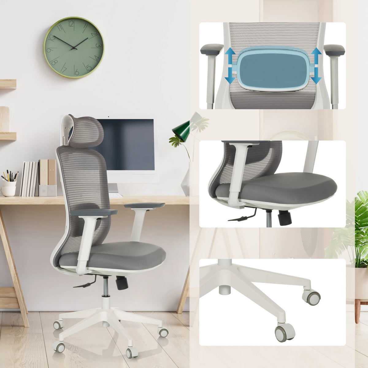 Silla de oficina profesional MIKEO G en color gris con soporte lumbar ajustable, reposabrazos y ruedas de hjh OFFICE