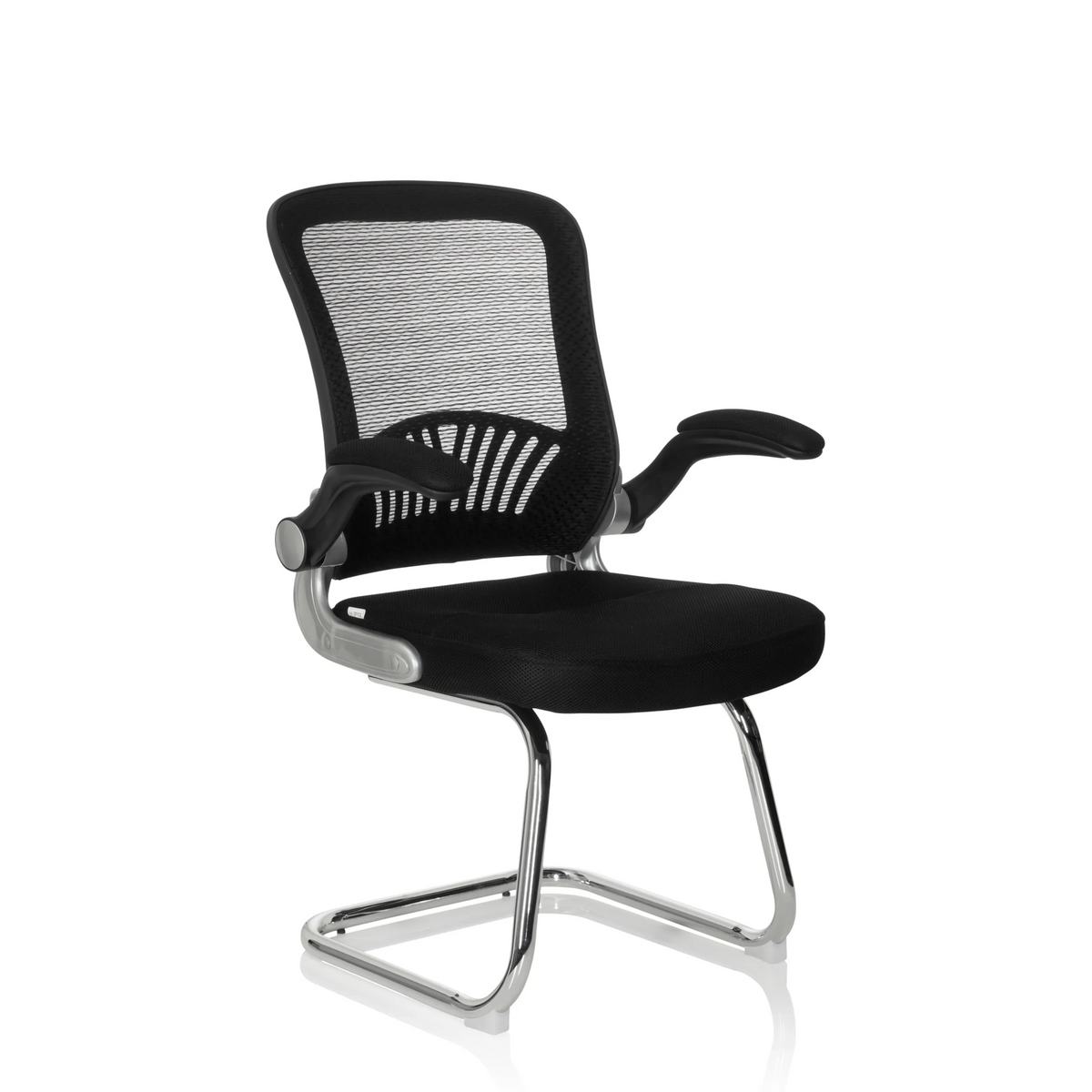 Silla de viga voladiza FLYER PRO V negra con respaldo de malla, reposabrazos y estructura de patines de hjh OFFICE – vista de 360° (vista frontal en diagonal 40°)