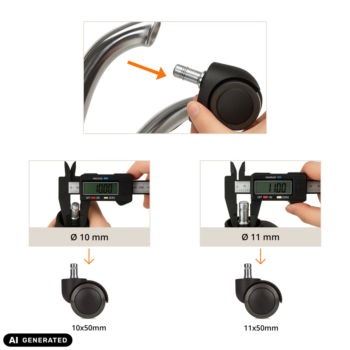 Comparación de tamaño de las ruedas para sillas 5x ROLO No-Noise 11mm/50mm de 10 mm y 11 mm de hjh OFFICE (imagen generada por IA)