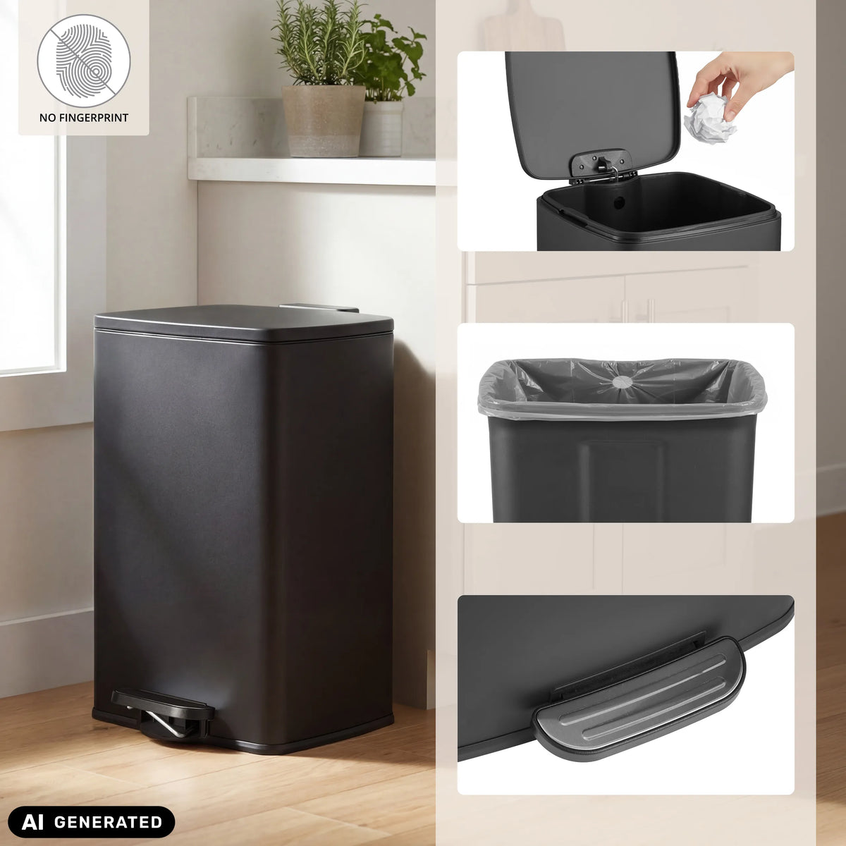 Papelera Clean Step 3 negra con pedal y soporte para bolsas de basura de hjh OFFICE (imagen generada por IA)