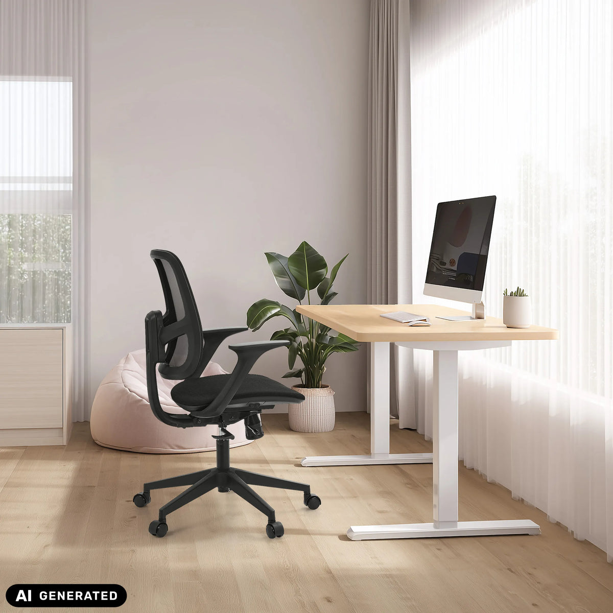 Silla Home Office Malio en color negro en un escritorio regulable en altura de hjh OFFICE (imagen generada por IA)