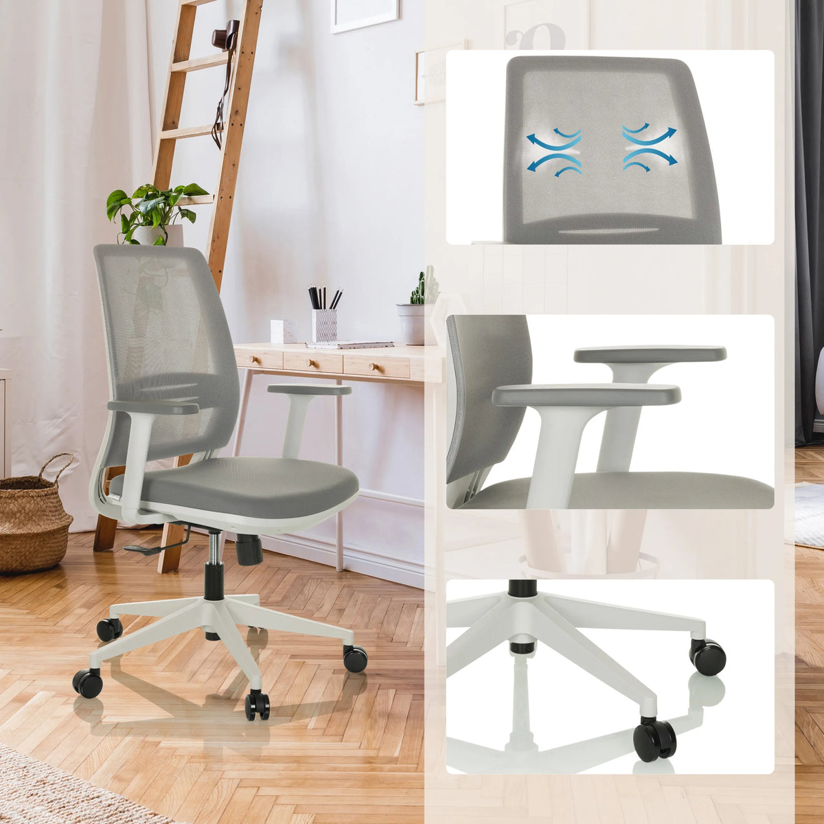 Silla Home Office PROFONDO ECO W gris con respaldo de malla, reposabrazos y base blanca de hjh OFFICE