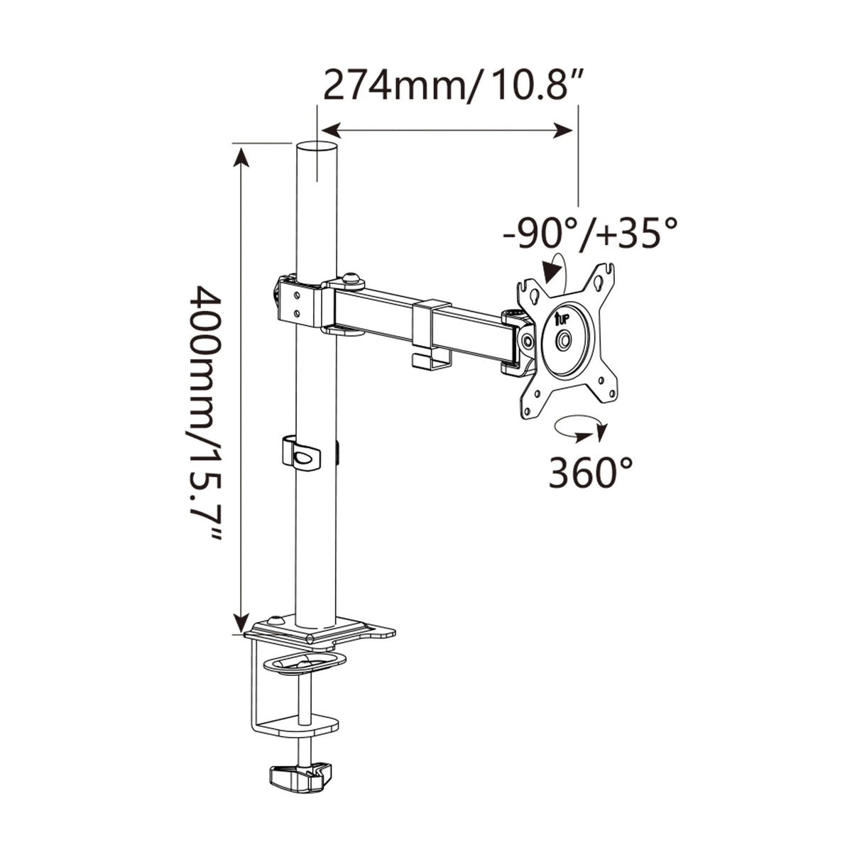 Dibujo técnico del Soporte de monitor Ergomount M1 con una altura de 400 mm de hjh OFFICE