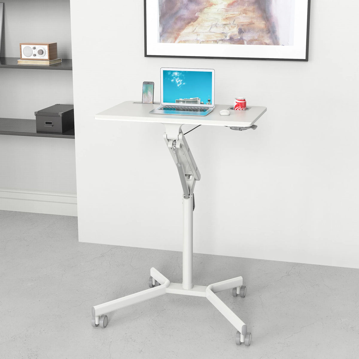 Escritorio de pie blanco STAND VM-SU I con estructura regulable en altura y base con ruedas de hjh OFFICE