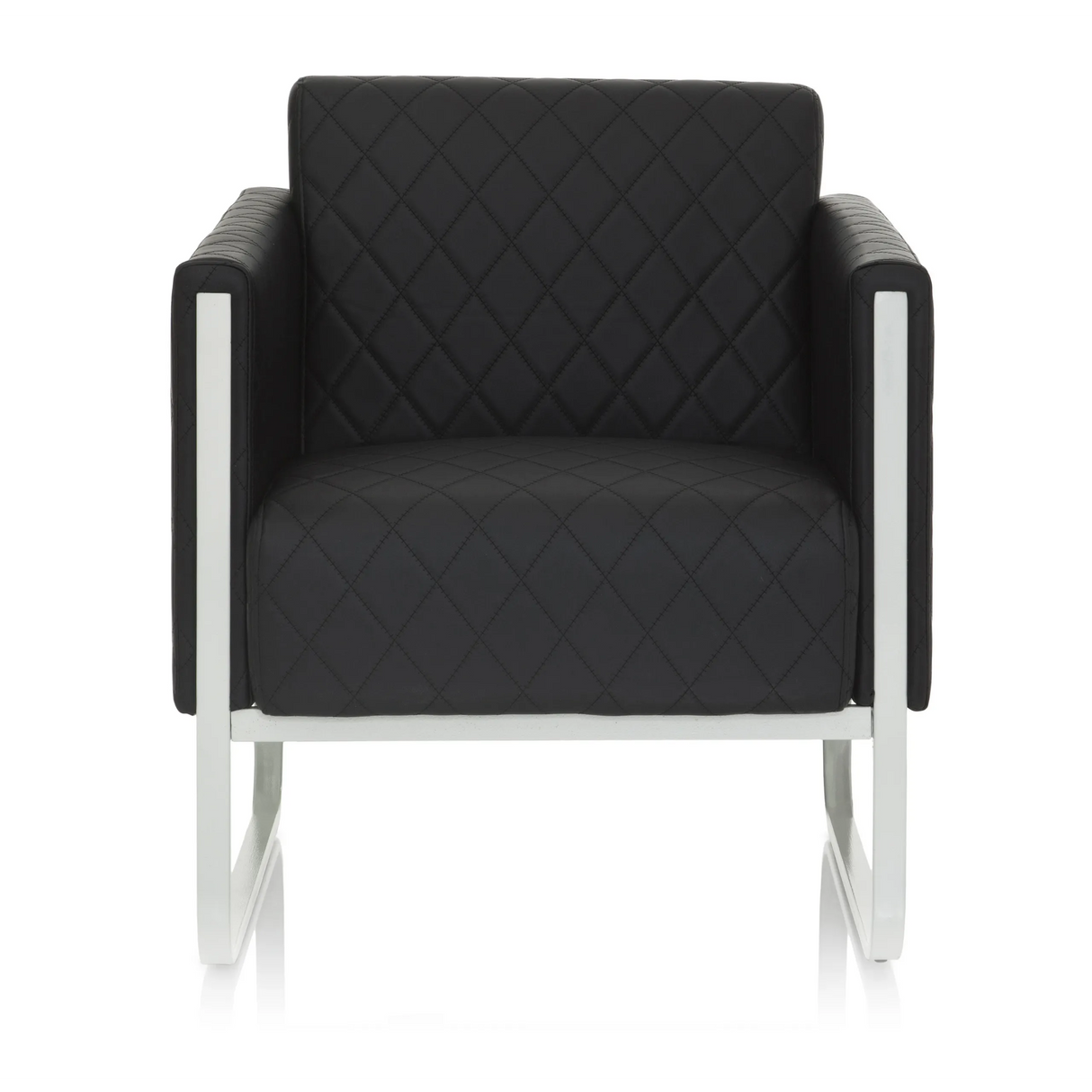 Sillón tapizado negro ARUBA STEP con costuras de diamante y estructura plateada de hjh OFFICE – vista de 360° (vista frontal 0°)