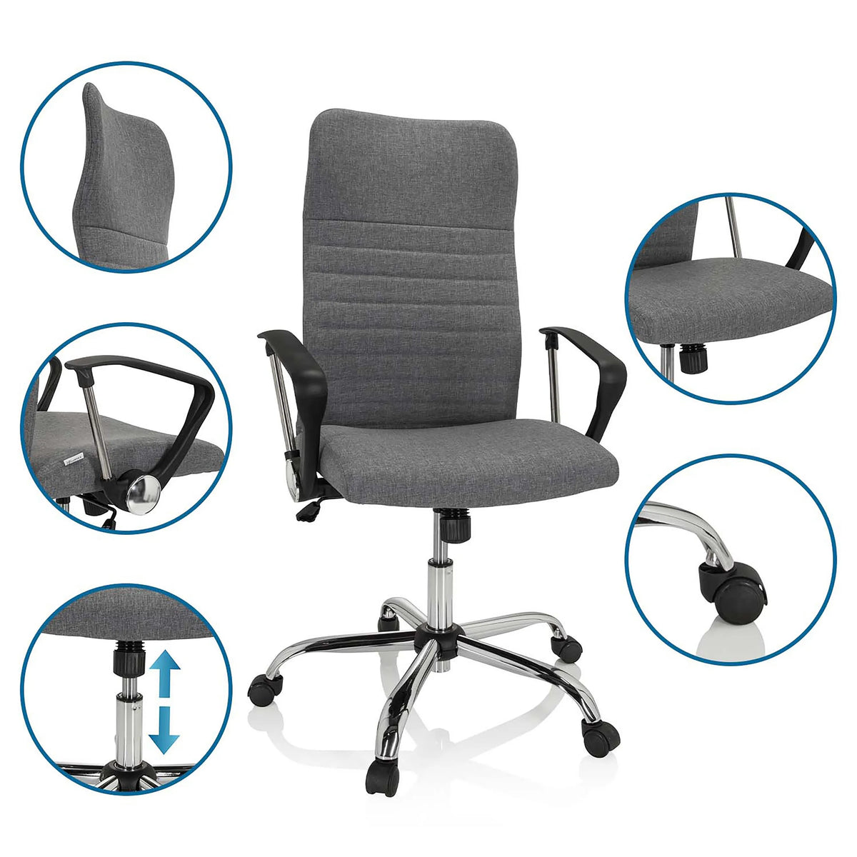 Silla Home Office ARTON 40 gris con vistas detalladas del respaldo, reposabrazos, pistón de gas y ruedas de hjh OFFICE