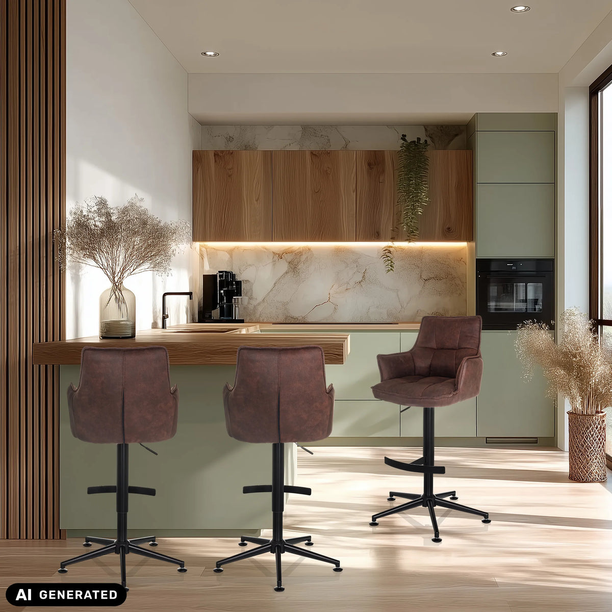 Tres taburetes de bar SOLAO LIFE HIGH marrones con base en estrella en una cocina moderna de hjh LIVING (imagen generada por IA)
