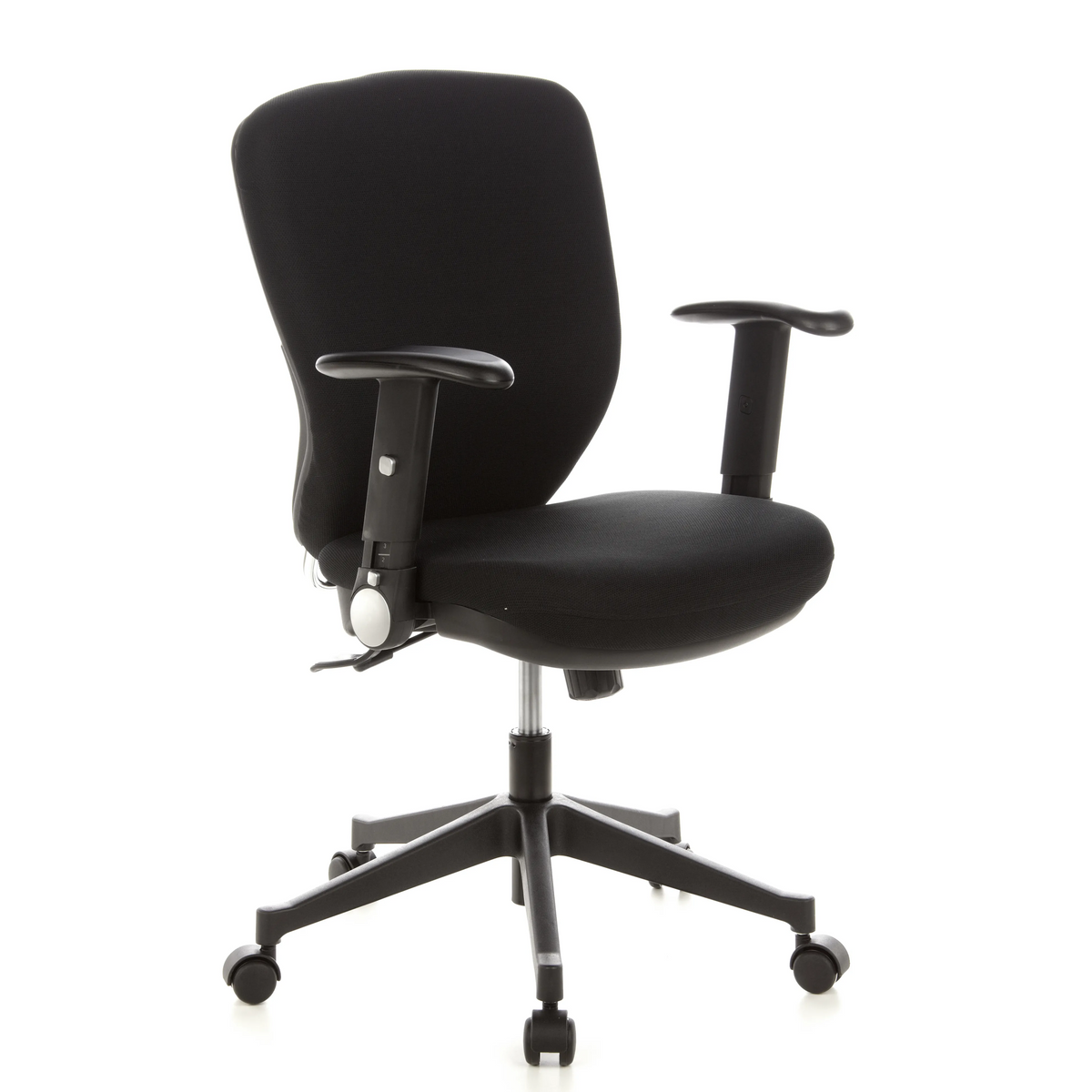 Silla de oficina profesional TRAFFIC 20 negra con reposabrazos y base de cinco ruedas de hjh OFFICE – vista de 360° (vista frontal en diagonal 40°)