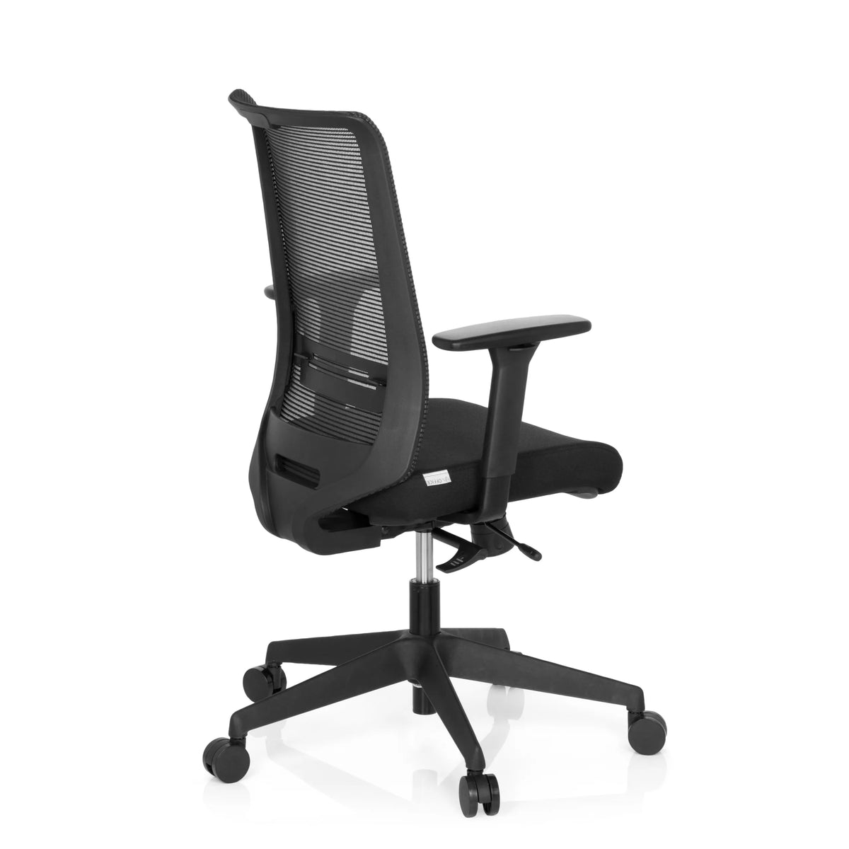 Silla de oficina profesional CONISTON negra con respaldo de malla y base de cinco ruedas de hjh OFFICE – vista de 360° (vista trasera en diagonal 120°)