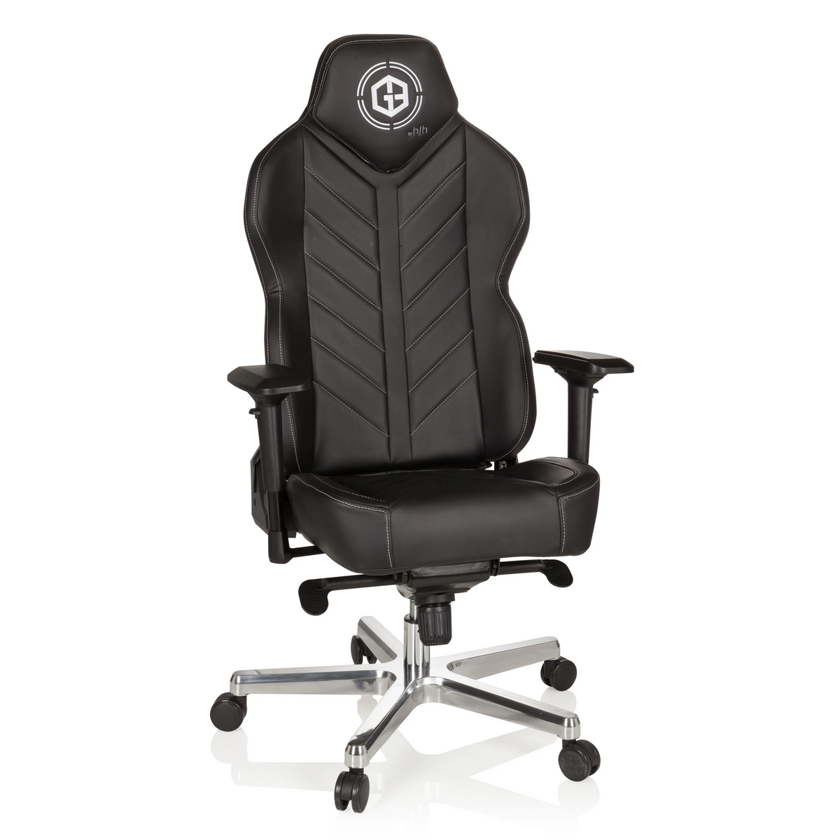 Schwarzer Gamingstuhl GAMEBREAKER COLOSSUS mit Armlehnen und glänzendem Fußkreuz mit fünf Rollen von hjh OFFICE – 360-Grad-Ansicht (Frontansicht 20°)