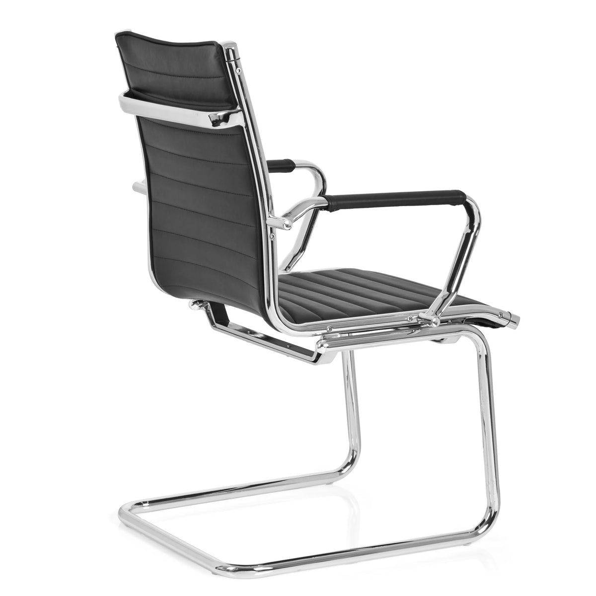 Silla de viga voladiza VEMONA V negra con costuras transversales y reposabrazos de cromo de hjh OFFICE – vista de 360° (vista trasera en diagonal 120°)