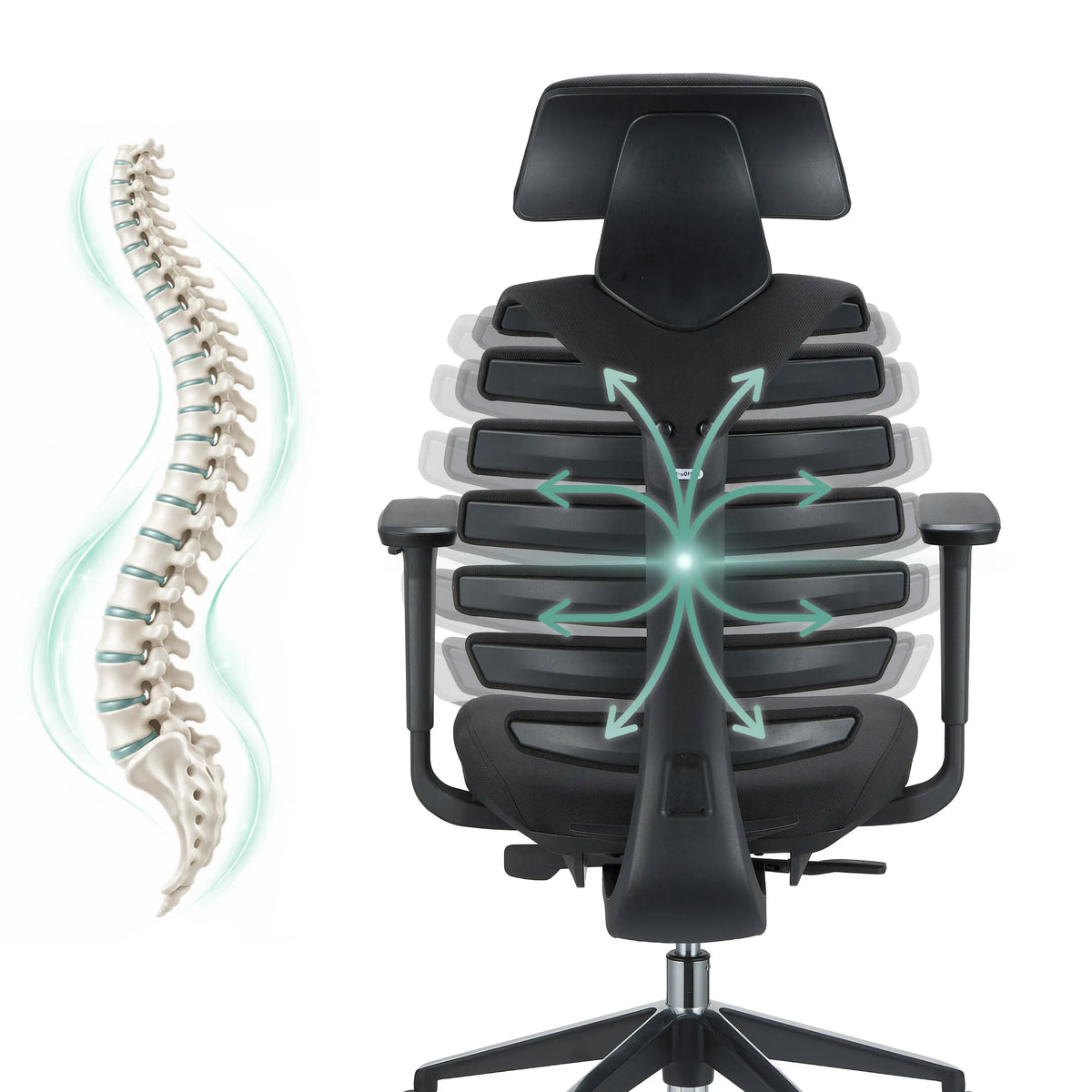 Respaldo de la silla de oficina profesional ERGO LINE II PRO con representación de una columna vertebral y gráficos de flechas de hjh OFFICE