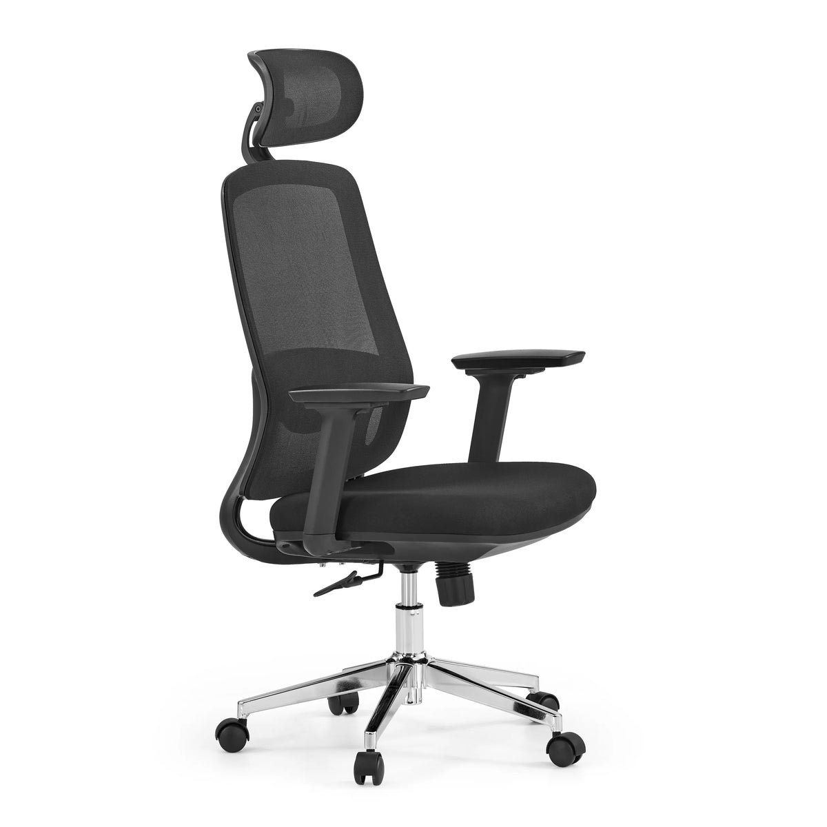 Silla de oficina profesional Ergosento en color negro con respaldo de malla, reposacabezas y base de cinco ruedas de hjh OFFICE – vista de 360° (vista frontal en diagonal 60°)