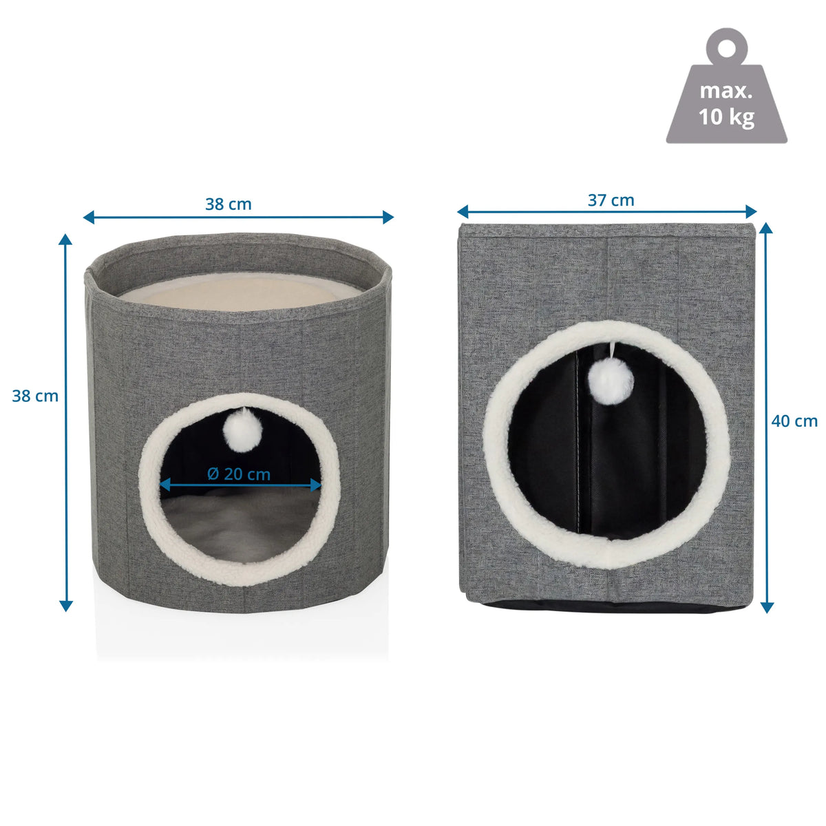 Plano dimensional de la Cueva para gatos PAWY R de 38 × 38 cm y carga máxima de 10 kg de hjh LIVING