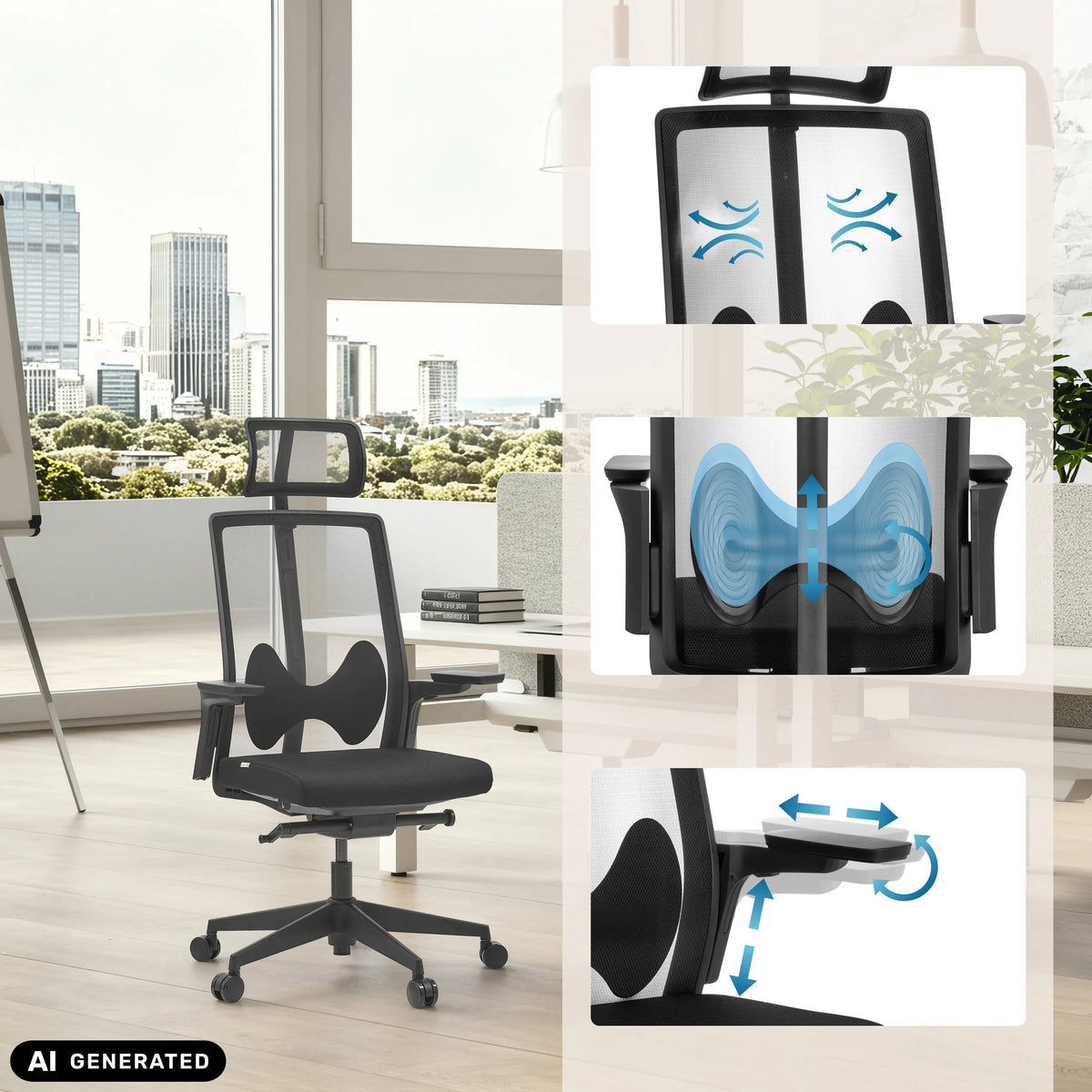 Silla de oficina profesional ARCEO B en color negro con reposacabezas y reposabrazos ajustables en una estancia de hjh OFFICE